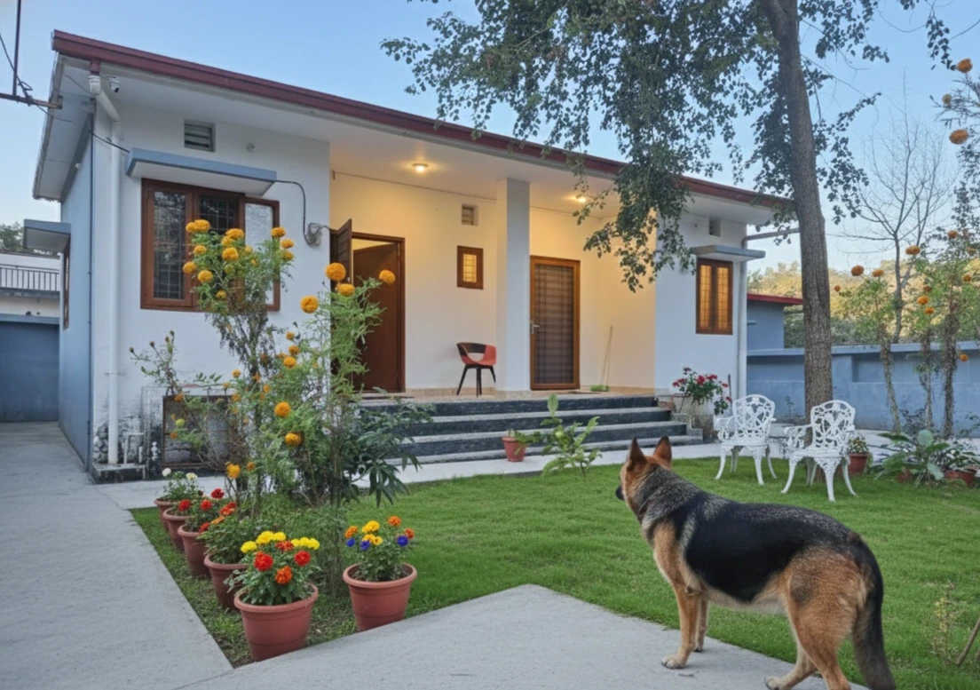 Aarohi's garden with flowers and the resident dog